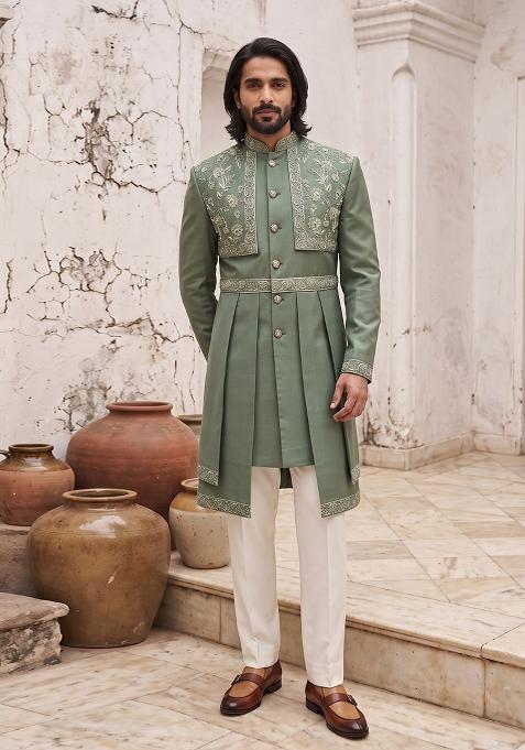 Green Embroidery Suiting Indo Western For Men