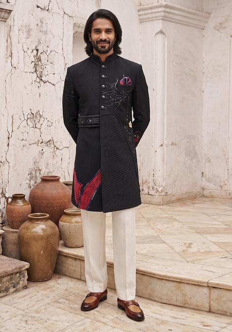 Black Embroidery Suiting Indo Western For Men
