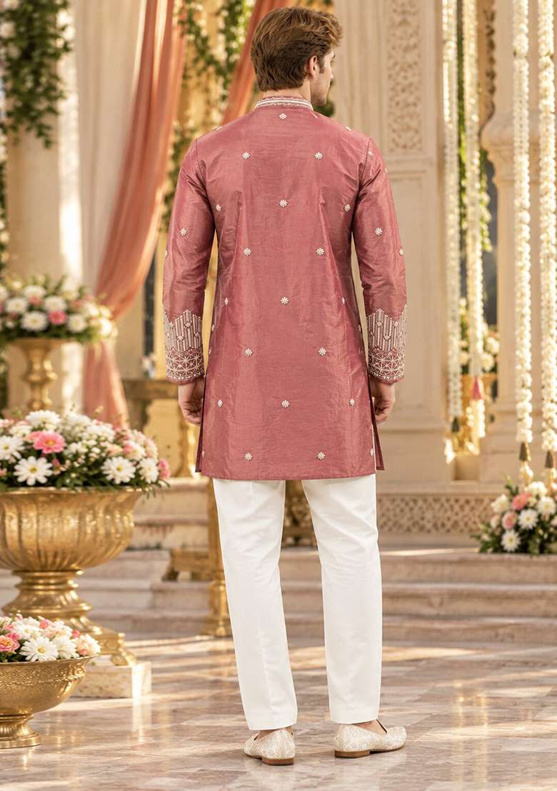 Brown Embroidery Shimmer Kurta For Men - Indya