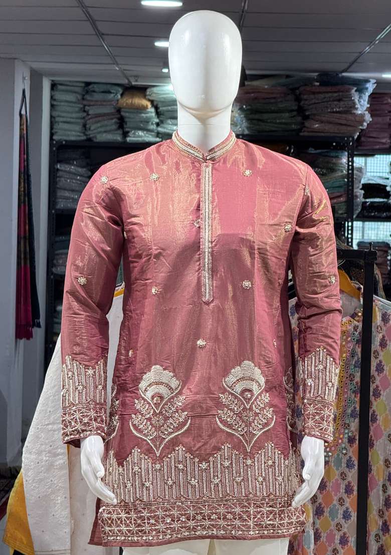 Brown Embroidery Shimmer Kurta For Men - Indya