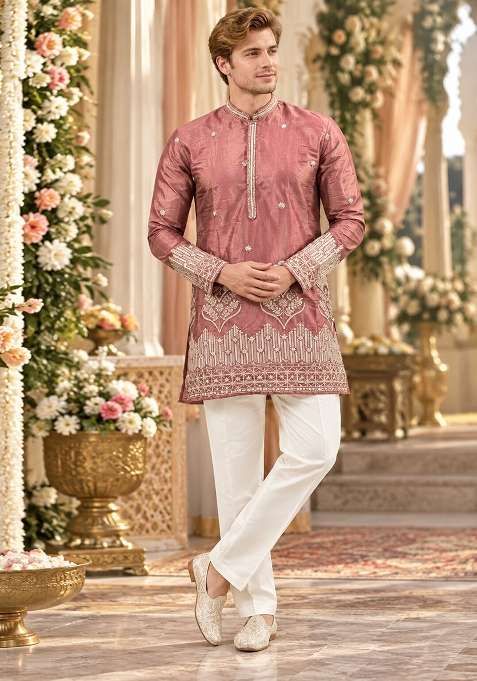 Brown Embroidery Shimmer Kurta For Men