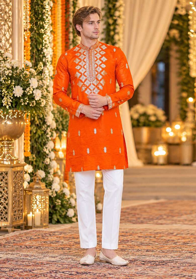 Orange Embroidery Silk Kurta For Men - Indya