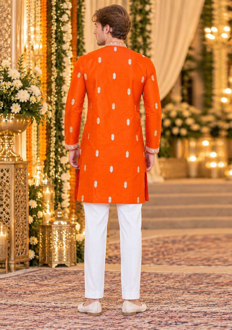 Orange Embroidery Silk Kurta For Men - Indya