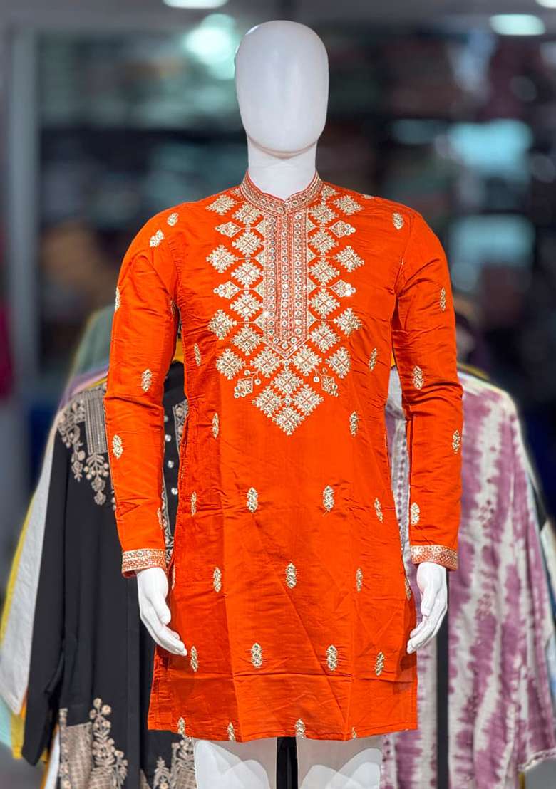 Orange Embroidery Silk Kurta For Men - Indya
