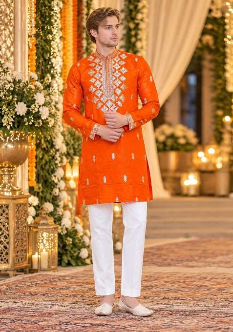Orange Embroidery Silk Kurta For Men