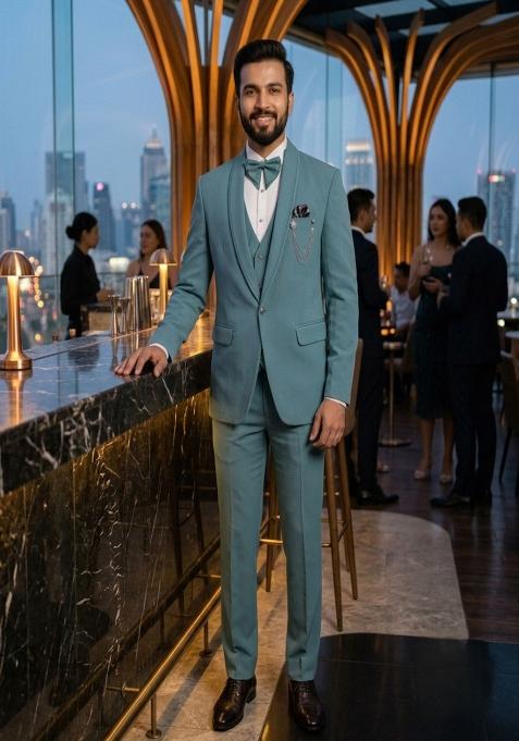 Sky Blue Pintex Detailing Crepe Tuxedo Suit Set For Men