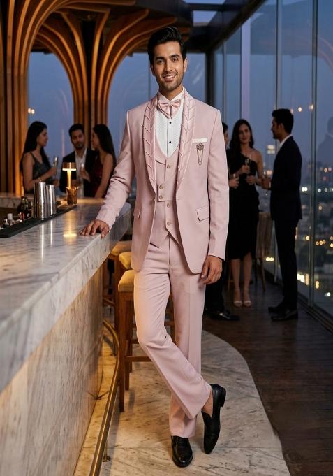 Pink Pintex Detailing Crepe Tuxedo Suit Set For Men