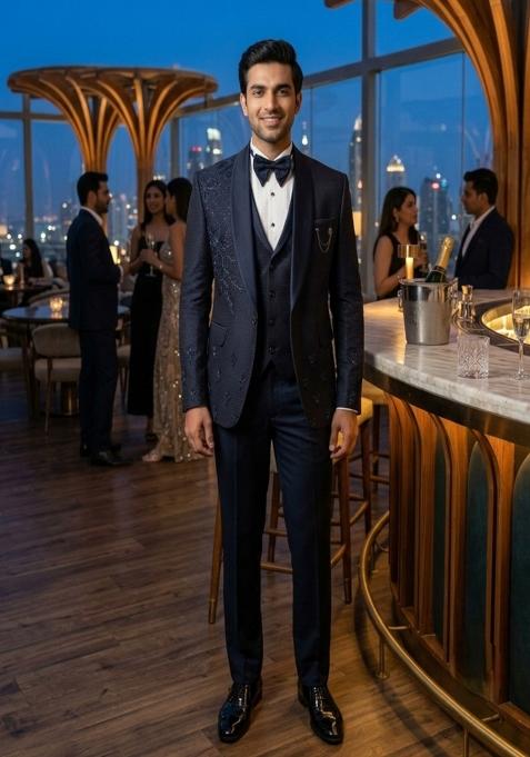 Navy Blue Embroidery Crepe Tuxedo Suit Set For Men