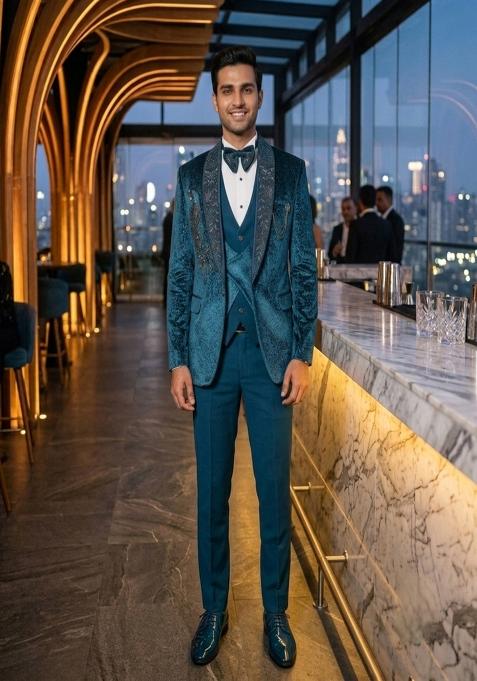 Teal Embroidery Crepe Tuxedo Suit Set For Men