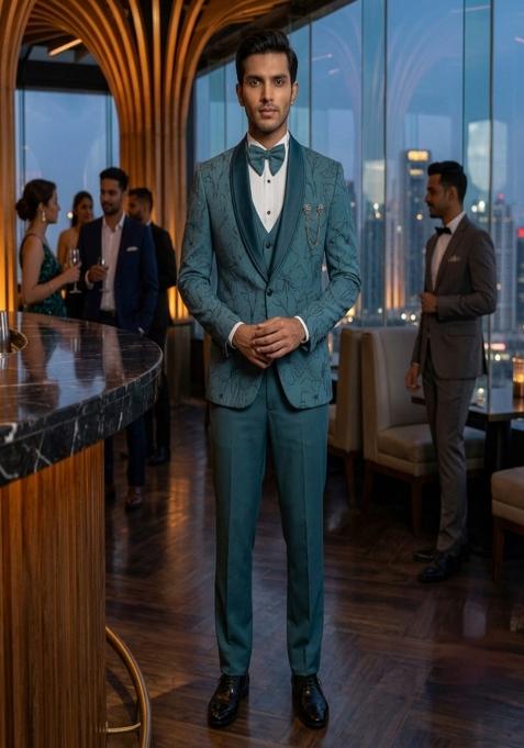 Light Blue Embroidery Crepe Tuxedo Suit Set For Men