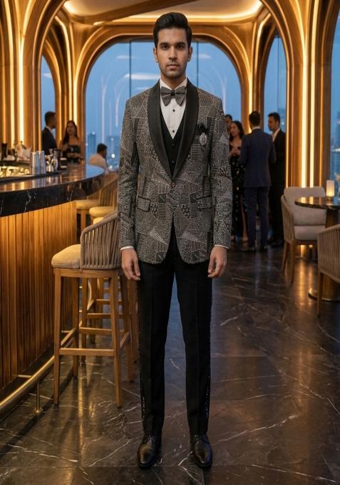 Black Embroidery Velvet Tuxedo Suit Set For Men