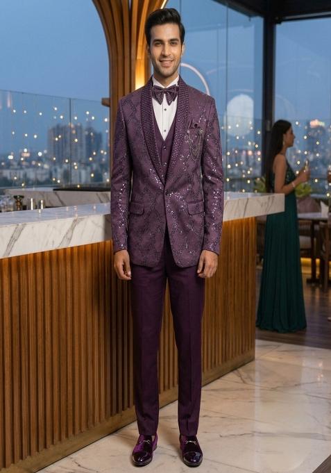 Purple Embroidery Velvet Tuxedo Suit Set For Men