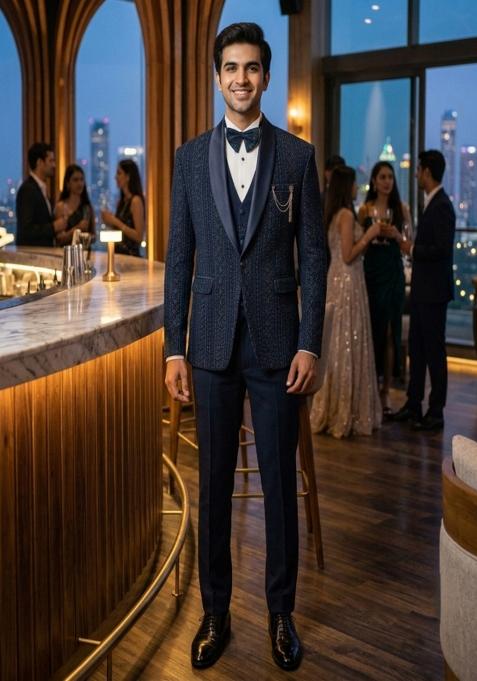 Teal Embroidery Velvet Tuxedo Suit Set For Men