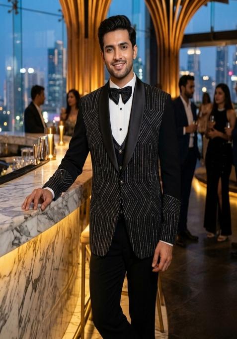 Black Embroidery Crepe Tuxedo Suit Set For Men