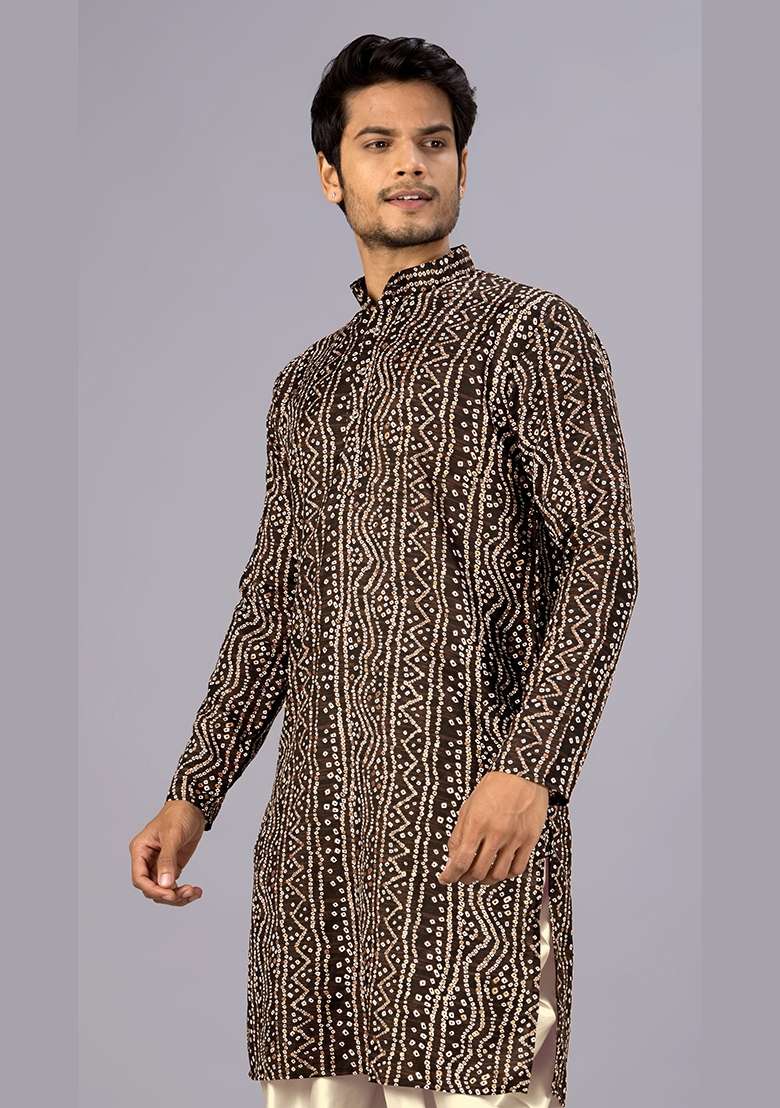 Brown Bandhani Cotton Kurta For Men - Indya
