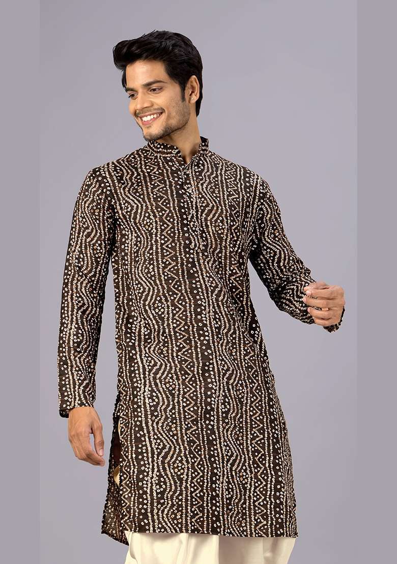 Brown Bandhani Cotton Kurta For Men - Indya