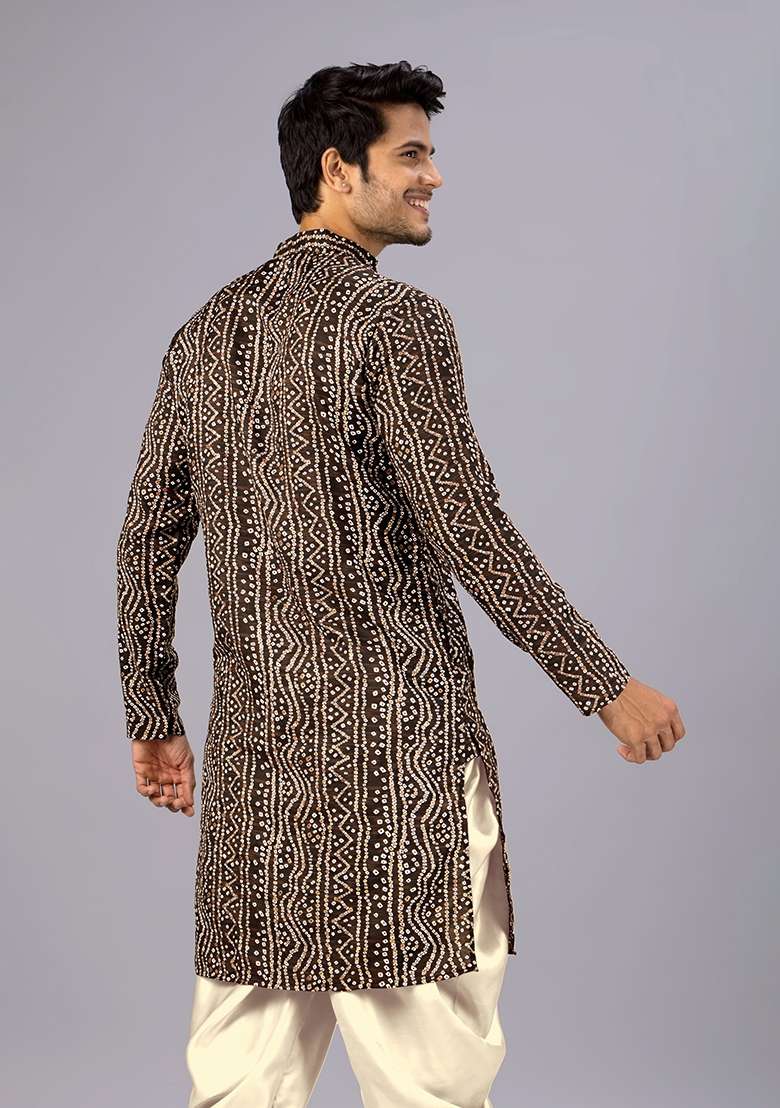 Brown Bandhani Cotton Kurta For Men - Indya
