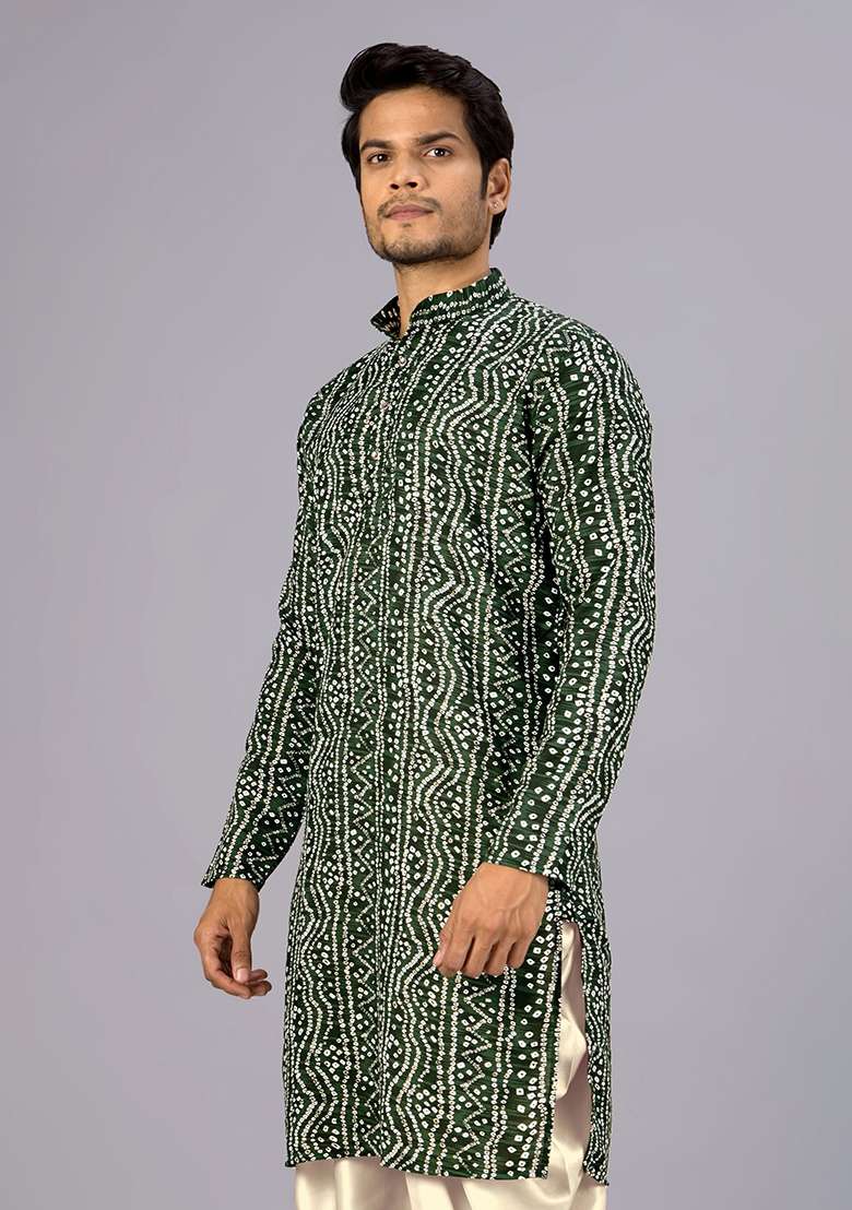 Green Bandhani Cotton Kurta For Men - Indya