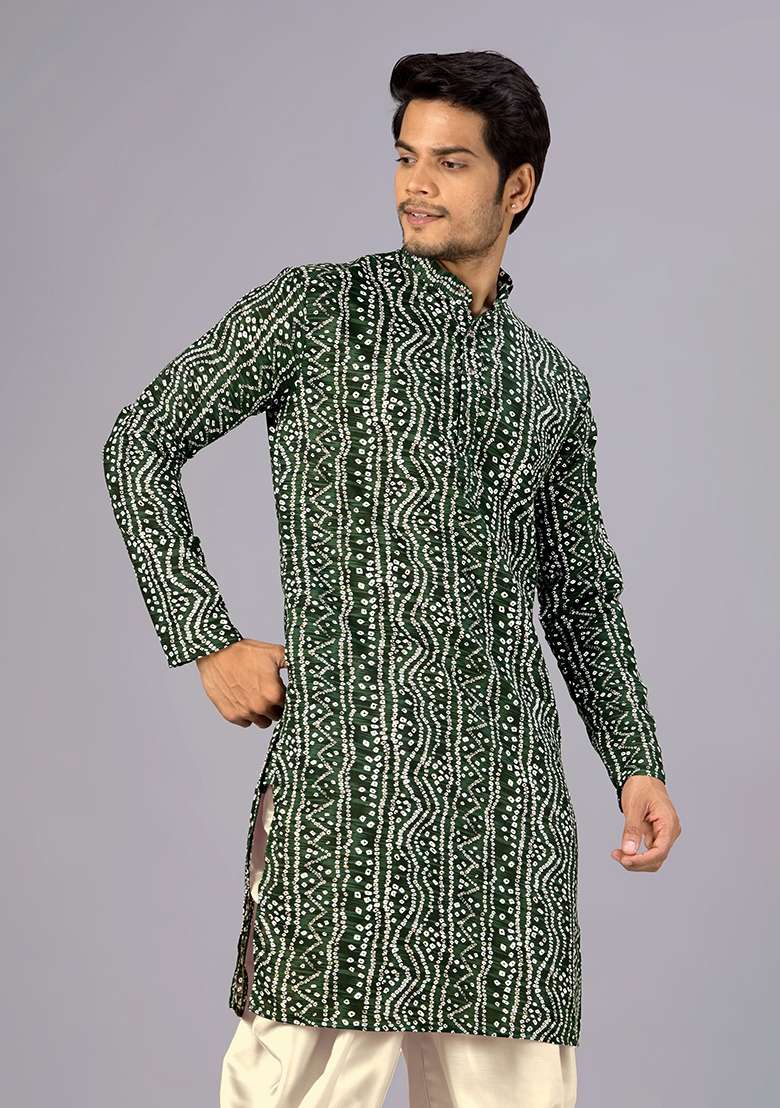 Green Bandhani Cotton Kurta For Men - Indya