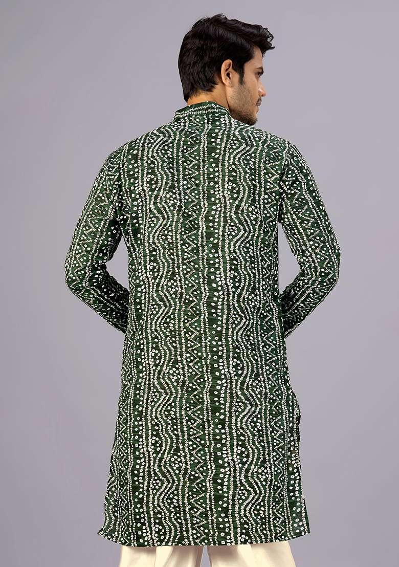 Green Bandhani Cotton Kurta For Men - Indya