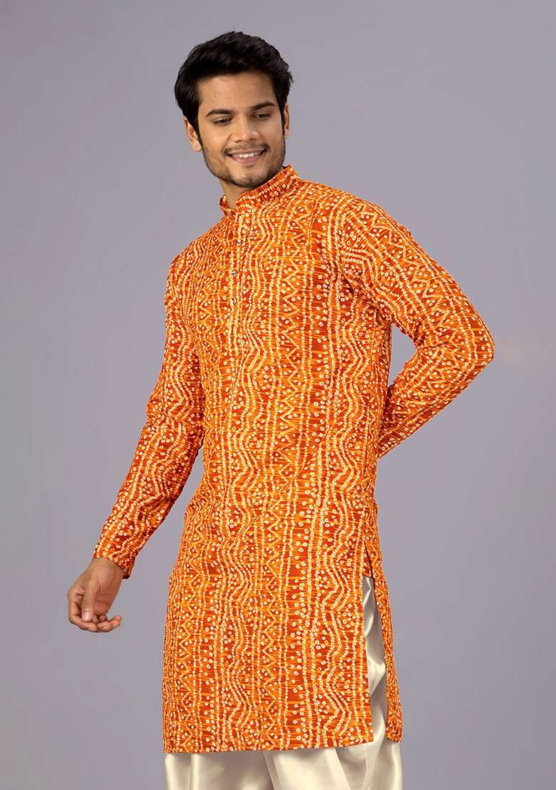 Mustard Bandhani Cotton Kurta For Men - Indya