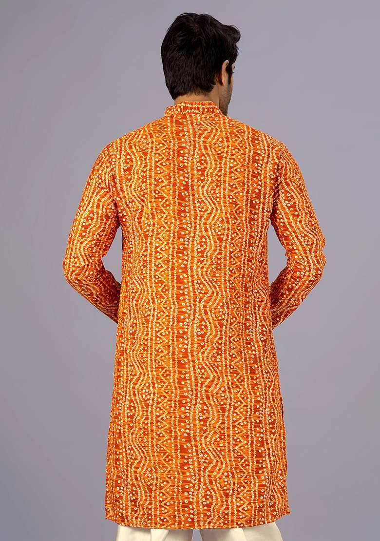 Mustard Bandhani Cotton Kurta For Men - Indya
