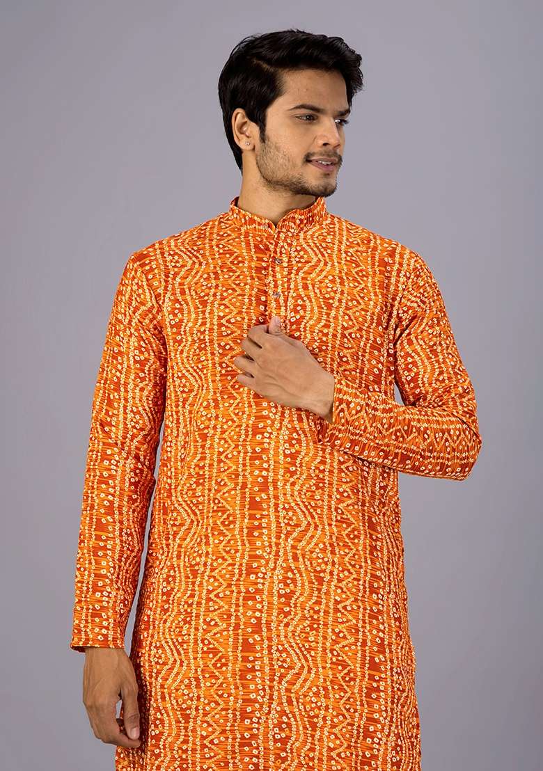 Mustard Bandhani Cotton Kurta For Men - Indya