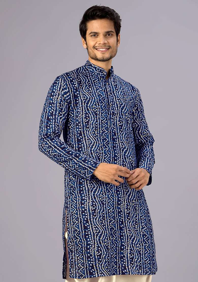 Nevy Blue Bandhani Cotton Kurta For Men - Indya
