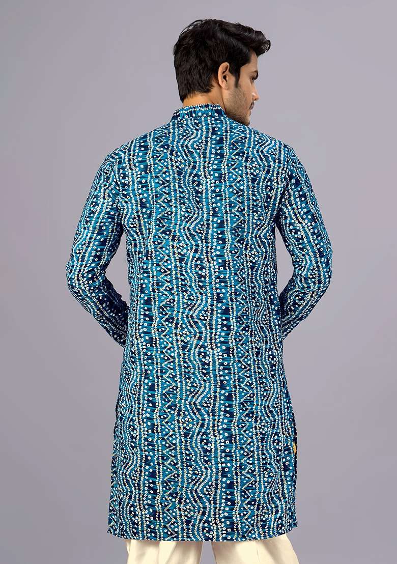 Petrol Blue Bandhani Cotton Kurta For Men - Indya