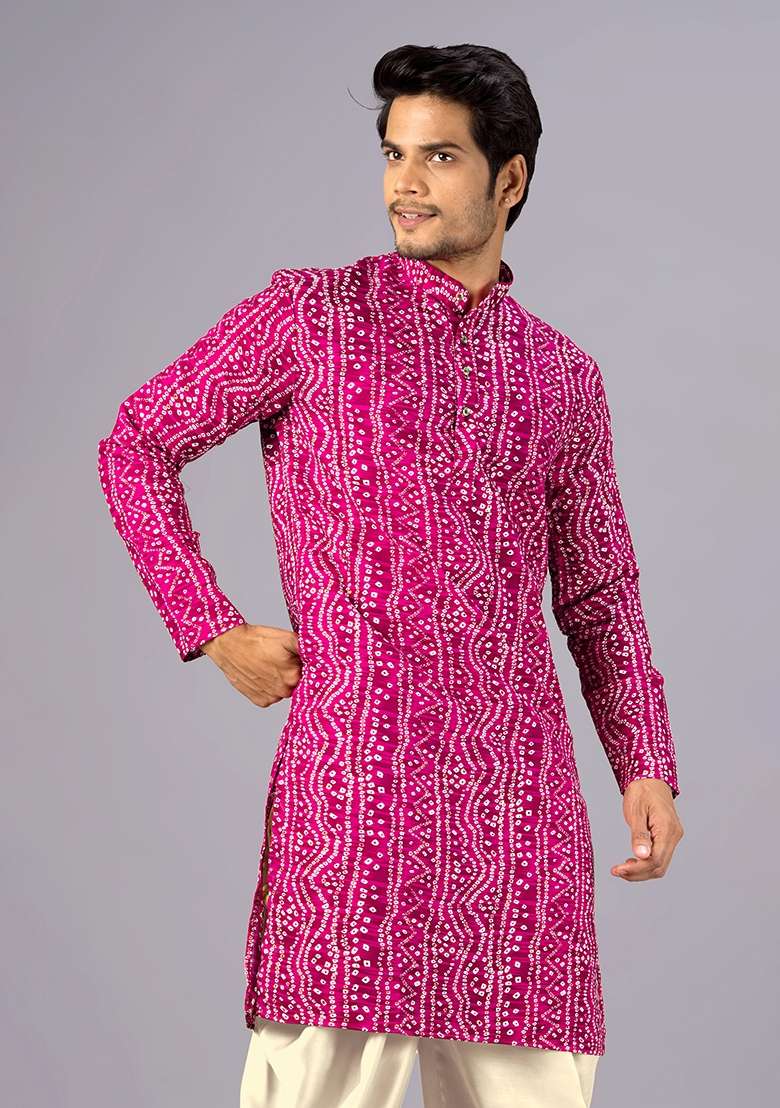 Pink Bandhani Cotton Kurta For Men - Indya