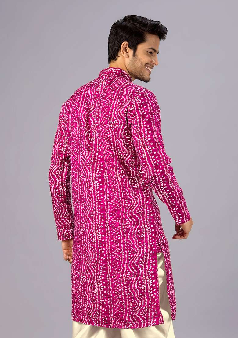 Pink Bandhani Cotton Kurta For Men - Indya