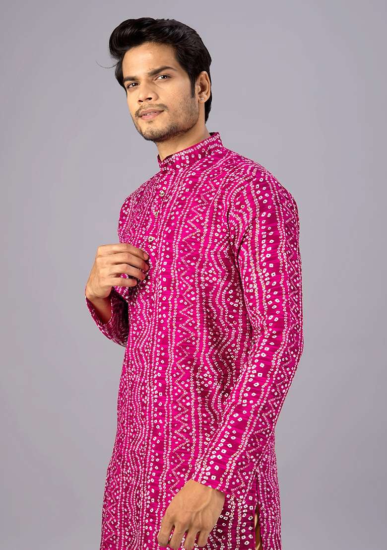 Pink Bandhani Cotton Kurta For Men - Indya