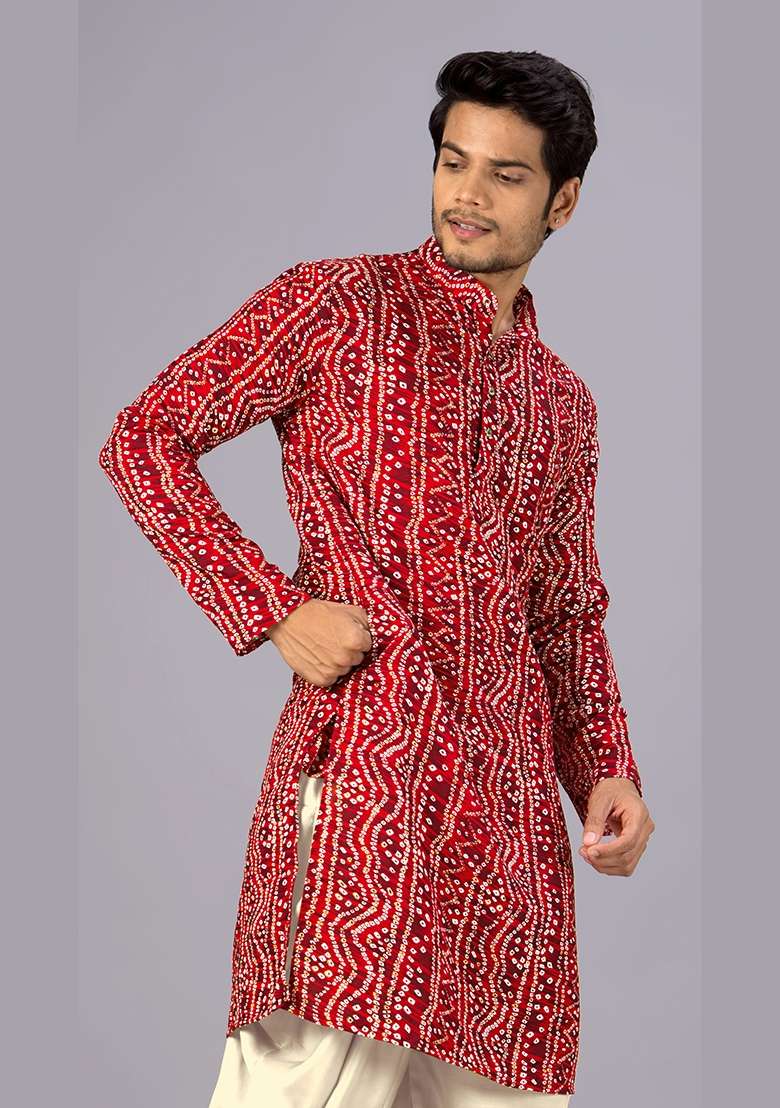 Red Bandhani Cotton Kurta For Men - Indya