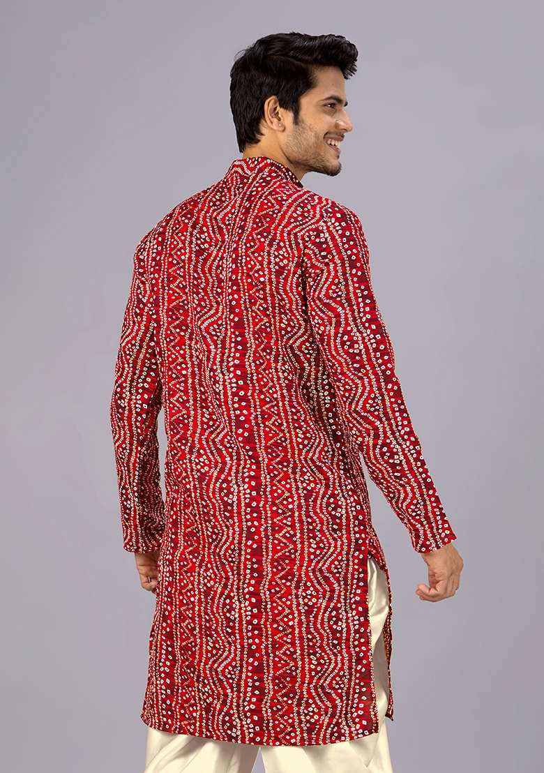Red Bandhani Cotton Kurta For Men - Indya