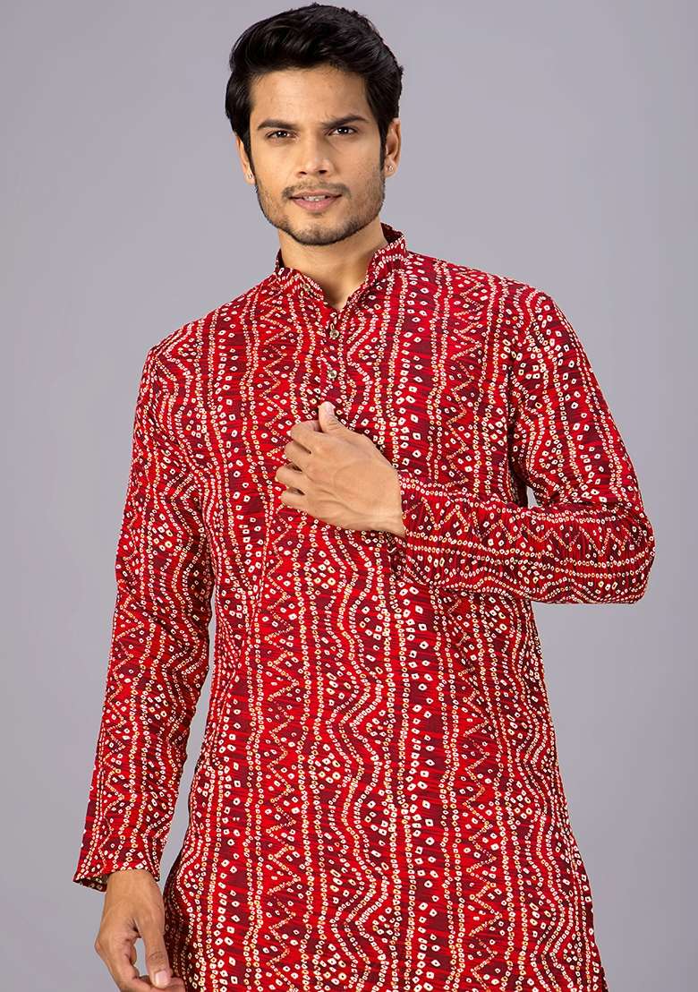 Red Bandhani Cotton Kurta For Men - Indya