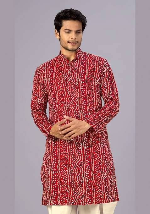 Red Bandhani Cotton Kurta For Men