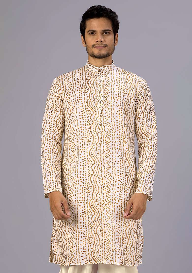 White Bandhani Cotton Kurta For Men - Indya