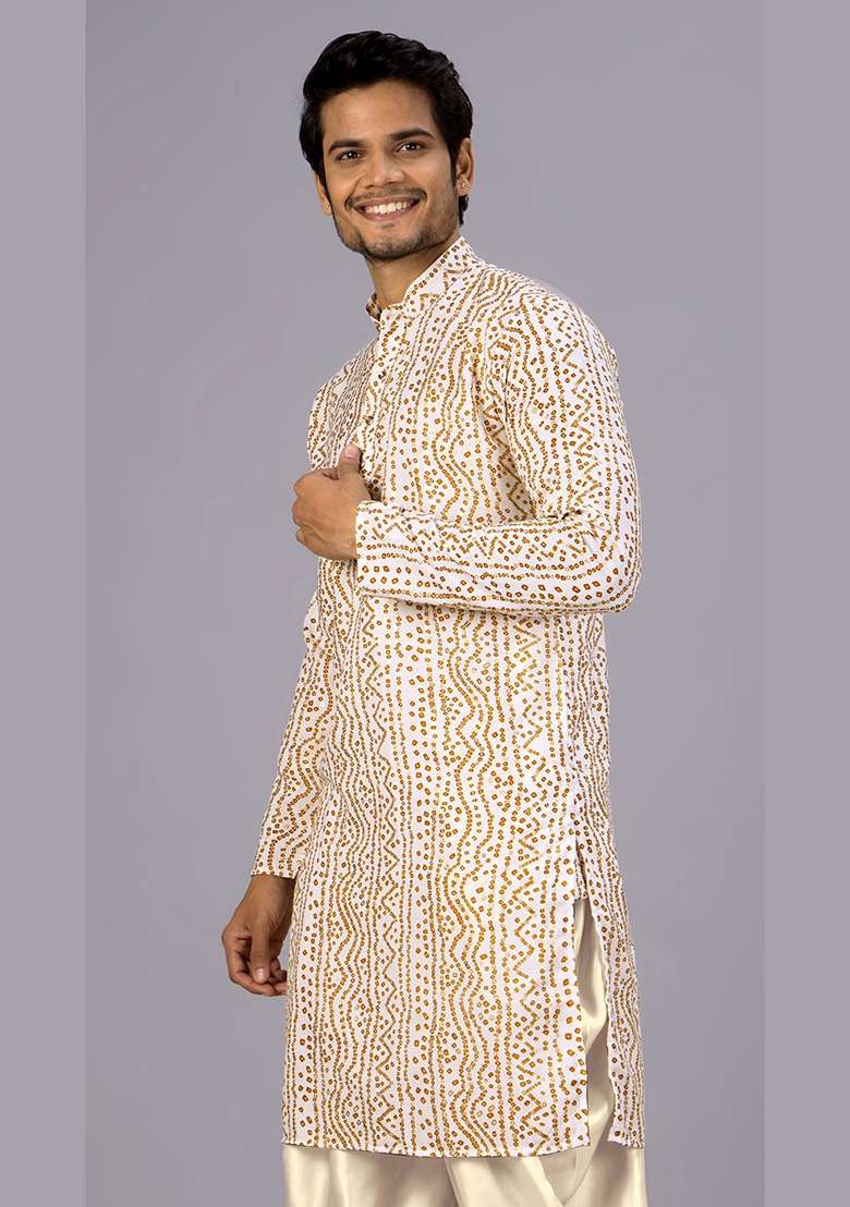 White Bandhani Cotton Kurta For Men - Indya