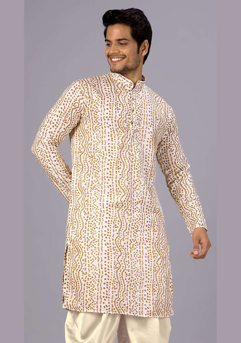 White Bandhani Cotton Kurta For Men - Indya