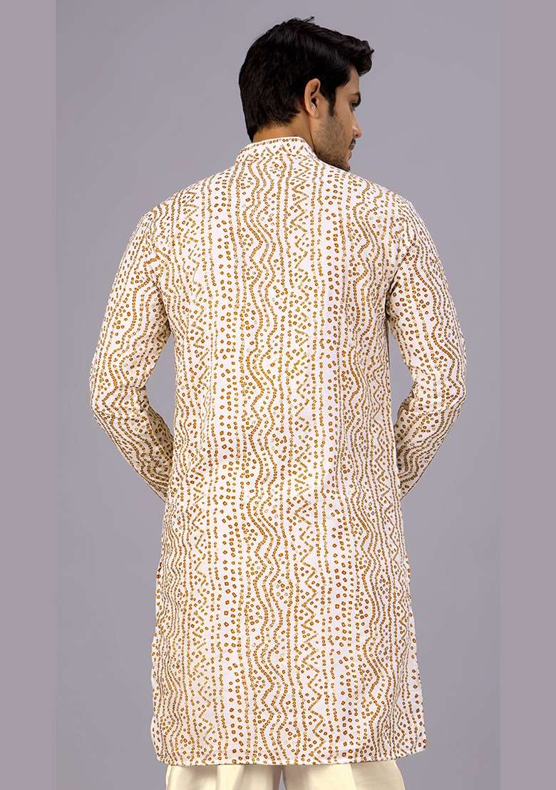 White Bandhani Cotton Kurta For Men - Indya