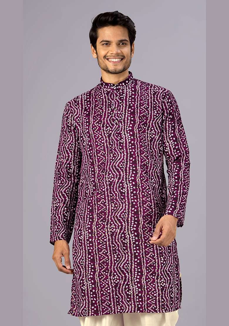 Wine Bandhani Cotton Kurta For Men - Indya