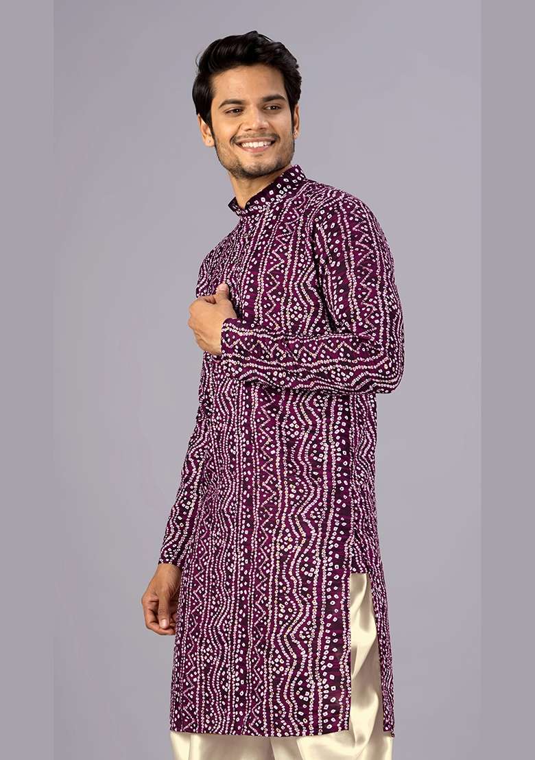 Wine Bandhani Cotton Kurta For Men - Indya