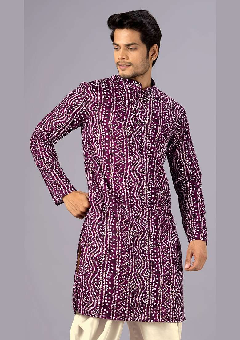 Wine Bandhani Cotton Kurta For Men - Indya