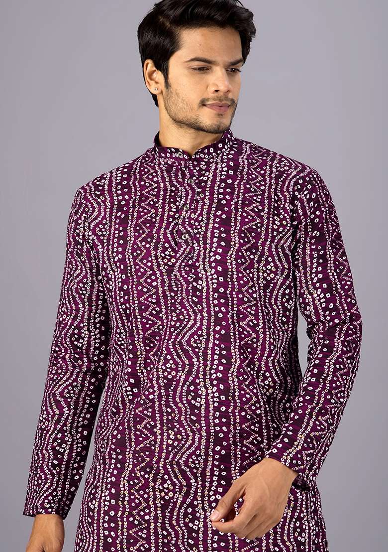 Wine Bandhani Cotton Kurta For Men - Indya