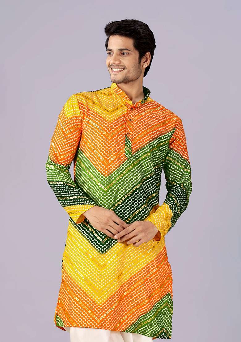 Green And Yellow Bandhani Cotton Kurta For Men - Indya