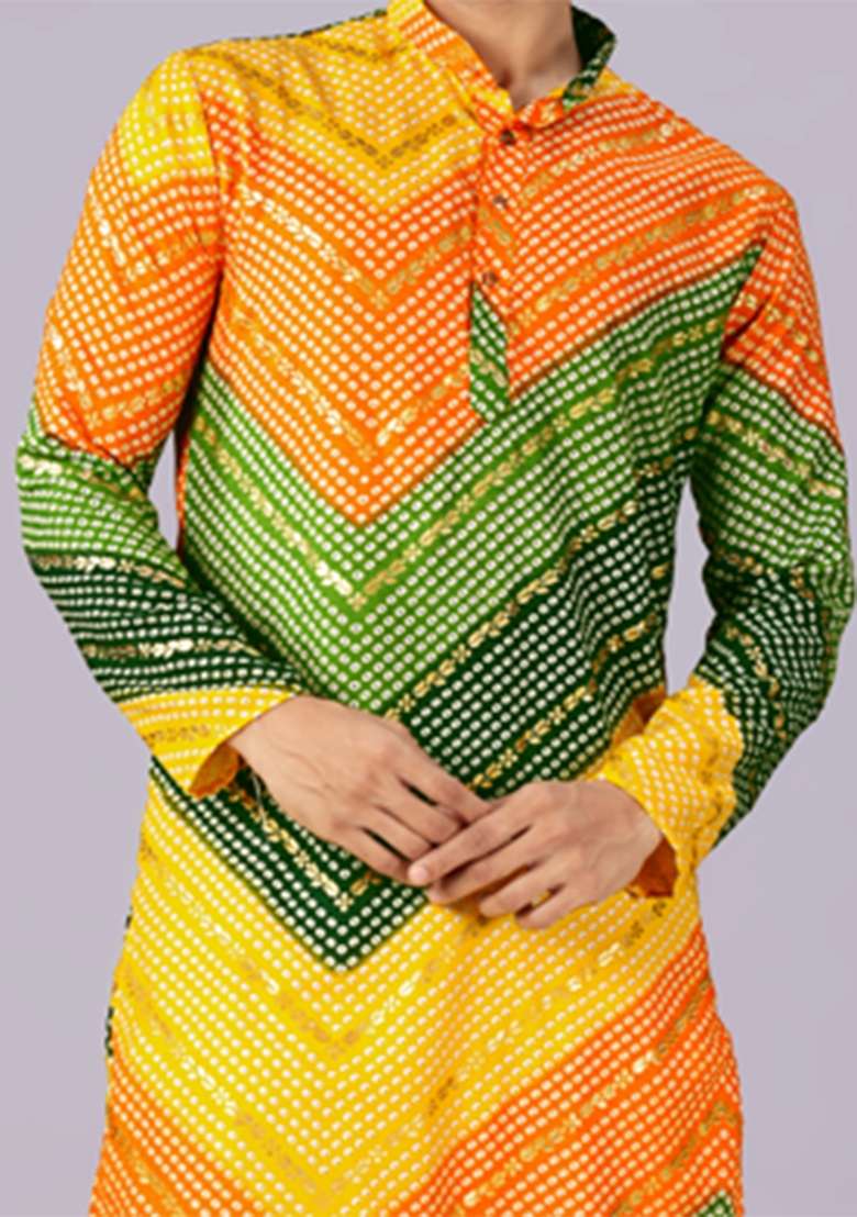 Green And Yellow Bandhani Cotton Kurta For Men - Indya