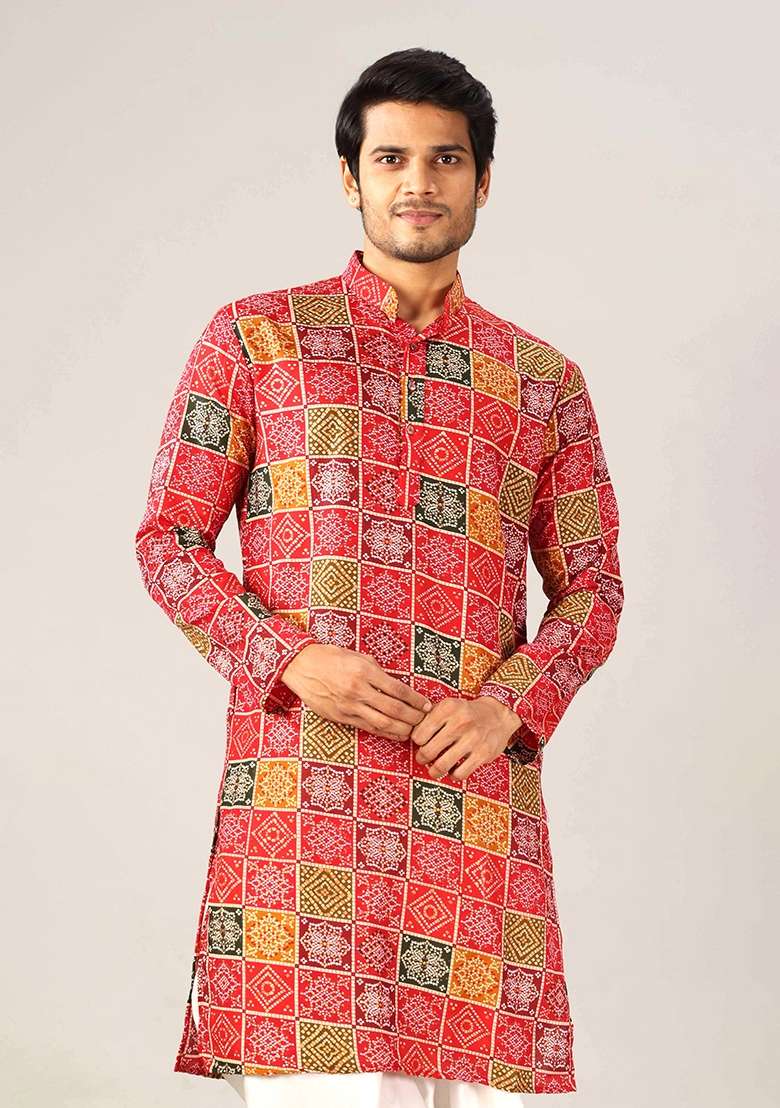 Multicolor Bandhani Cotton Kurta For Men - Indya