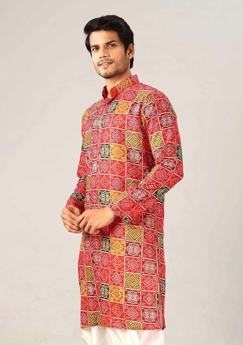 Multicolor Bandhani Cotton Kurta For Men - Indya
