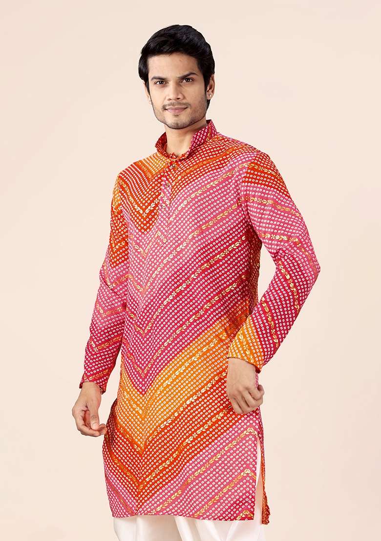 Orange And Pink Bandhani Cotton Kurta For Men - Indya