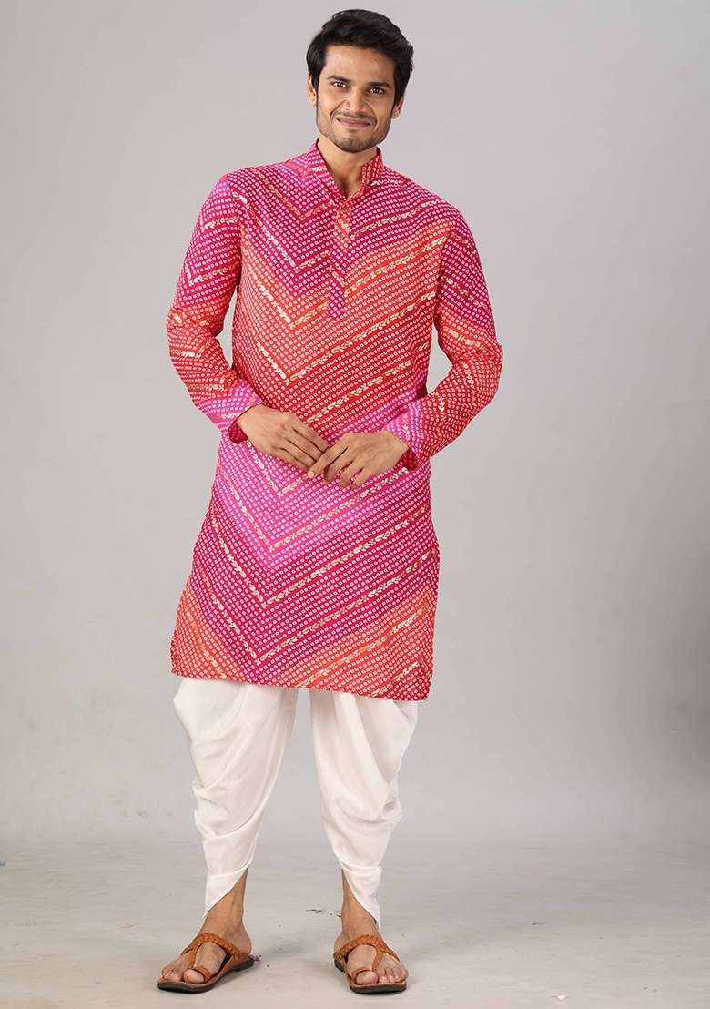 Pink And Red Bandhani Cotton Kurta For Men - Indya
